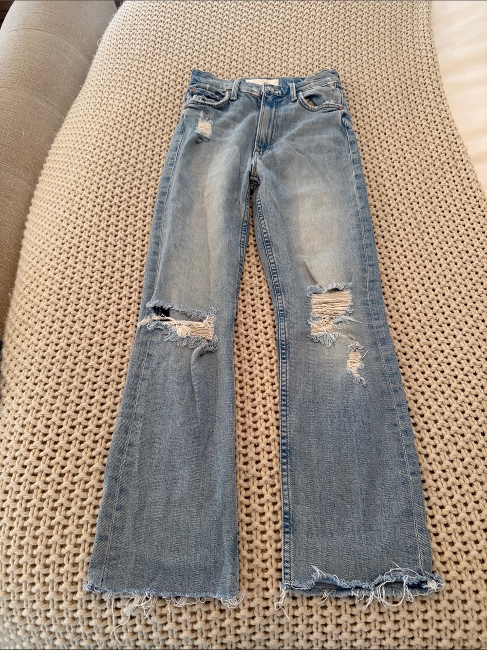 MOTHER Light Blue Distressed Flare Jeans